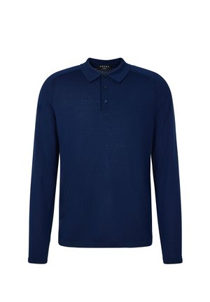 Marineblaues Langarm-Poloshirt aus strukturiertem Stoff mit einer Dreiknopfleiste und klassischem Kragen. Mit Raglanärmeln.
