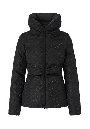 Piumino nero con collo alto, caratterizzato da fori rotondi a contrasto e cerniera frontale. I lati hanno dettagli arricciati per una vestibilità aderente.