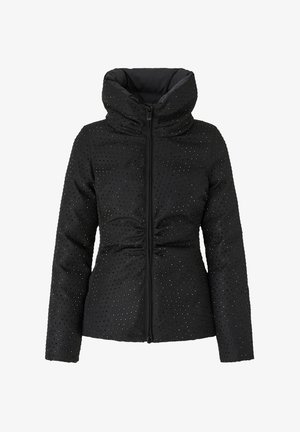 Piumino nero con collo alto, caratterizzato da fori rotondi a contrasto e cerniera frontale. I lati hanno dettagli arricciati per una vestibilità aderente.