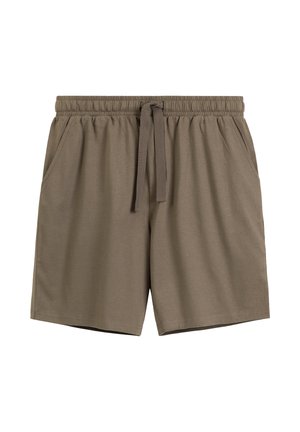 Brązowe casualowe szorty z elastycznym pasem, regulowanym sznurkiem i bocznymi kieszeniami.