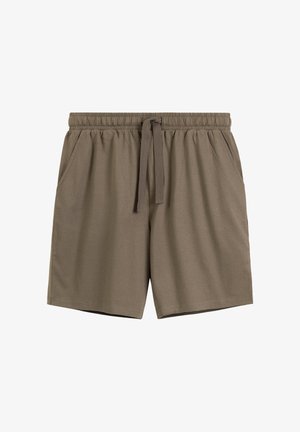 Brązowe casualowe szorty z elastycznym pasem, regulowanym sznurkiem i bocznymi kieszeniami.