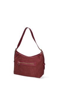 Borsa a tracolla in suede color bordeaux con una singola tracolla, tasca frontale con zip e dettagli zip lisci, caratterizzata da una texture morbida e una forma semplice.
