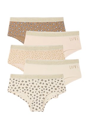 Fünf Mädchen-Unterhosen im Hipster-Stil in Beige- und Brauntönen mit Leopardenmuster und glitzernden goldenen Taillenbändern, zwei Paar mit "LOVE"-Schriftzug.