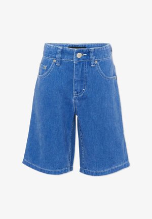 Shorts di jeans blu fino al ginocchio con chiusura frontale a bottoni, passanti per cintura e tasche anteriori.