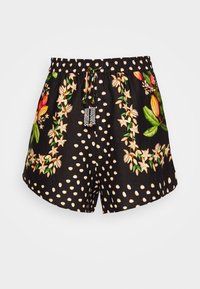 Pantalones cortos negros con una combinación de grandes lunares blancos y patrones florales en rojo y crema, con una cinturilla elástica y cordón de ajuste.