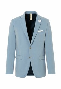 Blazer bleu clair avec des revers structurés, deux boutons, poches latérales et une poche poitrine avec un accent blanc. Tissu texturé avec une doublure lisse.