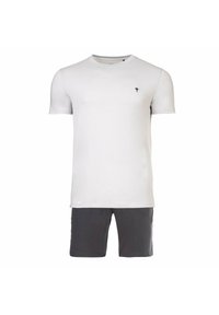 Męski komplet dwuczęściowy składający się z białej bawełnianej koszulki z czarnym logo palmy oraz szarych spodenek wykonanych z lekkiego materiału.