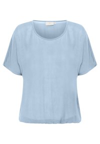 Helles blaues, kurzärmeliges Oberteil mit rundem Ausschnitt. Aus glattem Stoff gefertigt, mit lockerer Passform und leicht abgerundetem Saum.