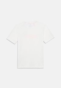 Λευκό κοντομάνικο t-shirt με στρογγυλή λαιμόκοψη. Μαλακό ύφασμα με διακριτικό σχεδιασμό λογότυπου στην πλάτη. Κανονική εφαρμογή και χωρίς ραφές στους ώμους.