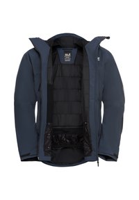 Giacca impermeabile blu navy con strato interno rimovibile, tasche con zip, cappuccio regolabile e interno morbido per il calore.