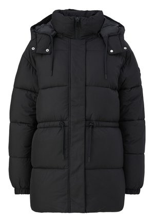 Veste en duvet noire avec un col haut, fermeture éclair sur le devant, cordon de serrage à la taille et poignets élastiques. Présente des sections matelassées pour l'isolation.