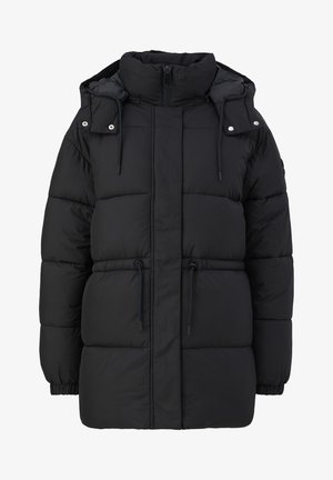 Veste en duvet noire avec un col haut, fermeture éclair sur le devant, cordon de serrage à la taille et poignets élastiques. Présente des sections matelassées pour l'isolation.