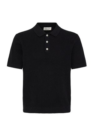 Polo nera a maniche corte realizzata in tessuto strutturato, con collo a polo e patta con tre bottoni. Design semplice, senza motivi.