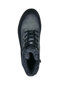 Graue Schnür-Winterstiefel mit schwarzer Sohle, seitlichem Reißverschluss und dicker grauer Fleece-Fütterung, von oben betrachtet.