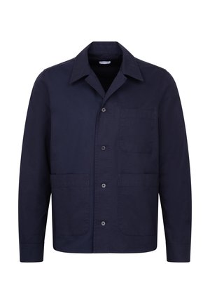 Mørkeblå jakke med knapper, krave og tre lommer foran, designet med lange ærmer og en lige kant.