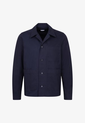 Marineblaue Jacke mit Knöpfen, einem Kragen und drei vorderen Taschen, gestaltet mit langen Ärmeln und einem geraden Saum.