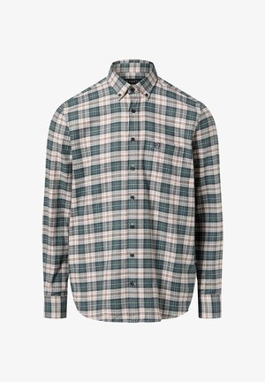 Zielono-beżowa koszula w kratę na guziki, wykonana z tkanej tkaniny. Posiada klasyczny kołnierzyk oraz kieszeń na piersi z logo.