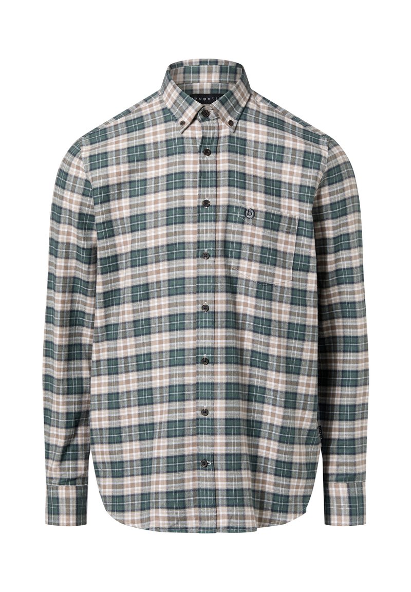 Zielono-beżowa koszula w kratę na guziki, wykonana z tkanej tkaniny. Posiada klasyczny kołnierzyk oraz kieszeń na piersi z logo.