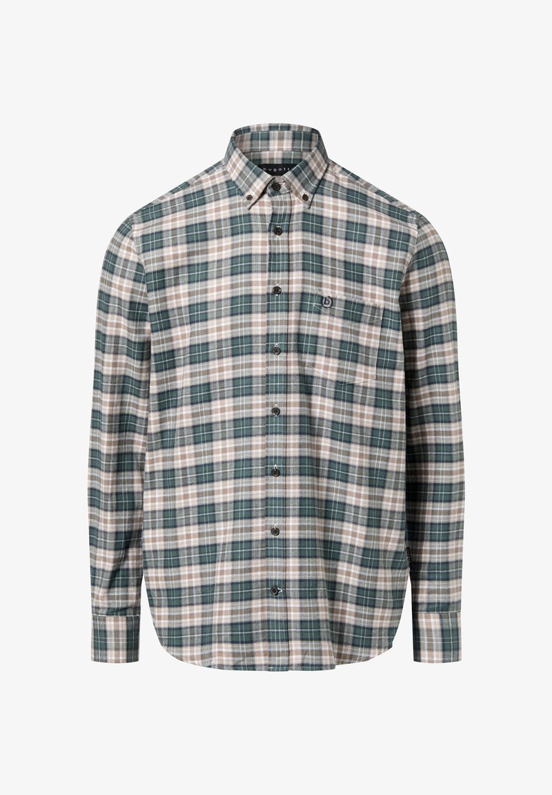 Zielono-beżowa koszula w kratę na guziki, wykonana z tkanej tkaniny. Posiada klasyczny kołnierzyk oraz kieszeń na piersi z logo.