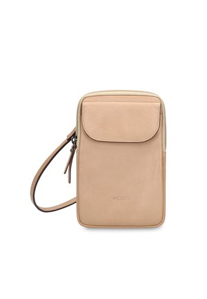 Small beige leather crossbody bag with front flap pocket, zipper closure, and wrist strap, branded "Picard" on the front.