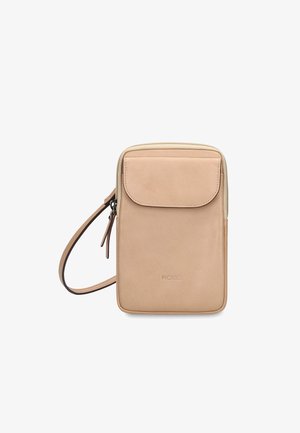 Small beige leather crossbody bag with front flap pocket, zipper closure, and wrist strap, branded "Picard" on the front.
