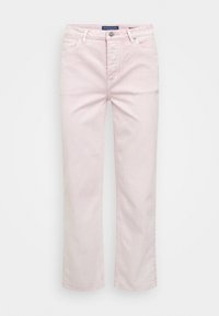Calças de ganga cor-de-rosa claras com um design de perna reta, apresentando um fecho com zip, cinco bolsos e detalhes de costura subtil.