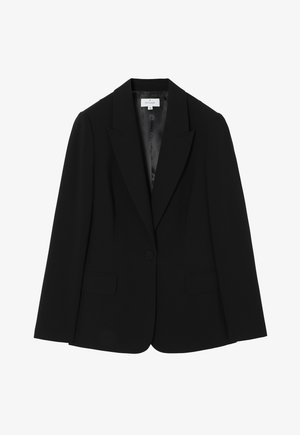 Blazer noir en tissu lisse avec un col à cran, fermeture à un bouton et deux poches avant. Design simple mais structuré.