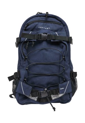 Navy blue backpack with padded straps, front zip pocket, bungee cord feature, mesh side pockets, and reflective accents for visibility.