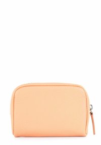Peach leather pouch with a smooth texture, rounded shape, and silver zipper closure. Minimalist design with no additional patterns or accents.
