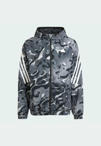 Gray camo jacket with a hood, zip front, lightweight material, elastic cuffs, featuring three white stripes on the sleeves.