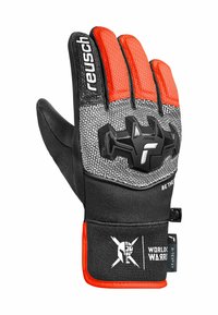 Black and red goalkeeper glove with textured grip, reinforced fingertips, and a neoprene wrist cuff. Features branding and patterned fabric.
