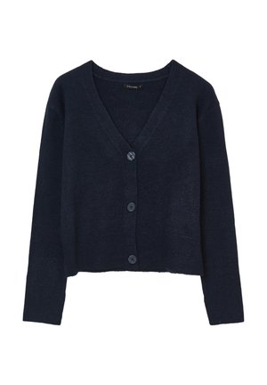 Cardigan blu navy cropped con scollatura a V, dotato di quattro bottoni frontali e maniche lunghe, realizzato in morbido tessuto knit.