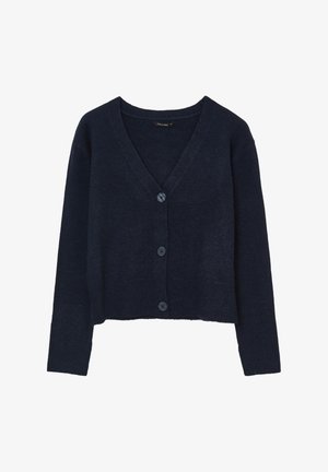 Cardigan blu navy cropped con scollatura a V, dotato di quattro bottoni frontali e maniche lunghe, realizzato in morbido tessuto knit.