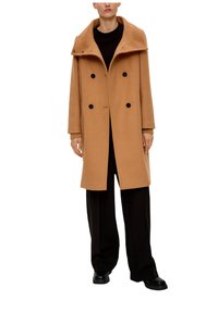 Manteau camel à double boutonnage en mélange de laine, avec un large col, des boutons noirs et des manches longues.