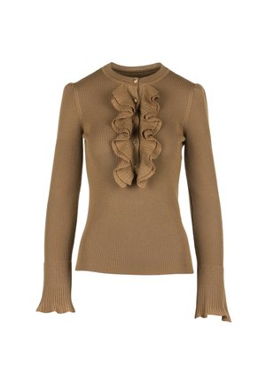 Suéter marrón con ribetes y mangas largas, que presenta un placket frontal con volantes y cinco botones. Los puños tienen un diseño acampanado.