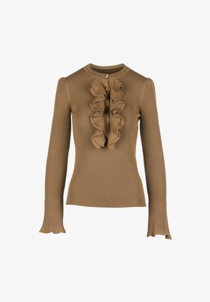 Brown ribbed sweater with long sleeves, featuring a ruffled front placket and five buttons. Cuffs have a flared design.