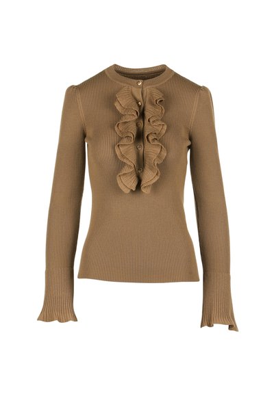 Brūns ribots džemperis ar garām piedurknēm, ar viļņotu priekšējo apdari un piecām pogām. Piedurkņu gali ir ar izvērstu dizainu.