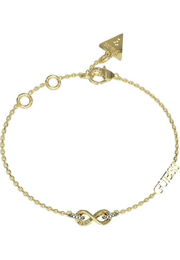 Bracciale in oro con simbolo dell'infinito e la parola "GUESS", con maglie rotonde e chiusura regolabile. Finitura testurizzata e accenti lucidi.