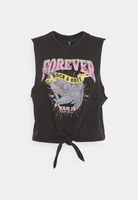 Černý bavlněný bezramínkový crop top s grafikou "Navždy rock & roll", s uzlovým detailem vepředu a kontrastním barevným textem a designovými prvky.