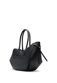 Black leather tote bag with twin handles, structured shape, textured surface, and a small front pocket with a sleek design detail.