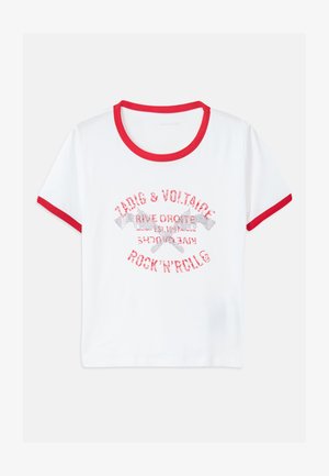 White short-sleeve t-shirt with red ribbed neckline and sleeves. Features printed text in red and black, with a distressed pattern.