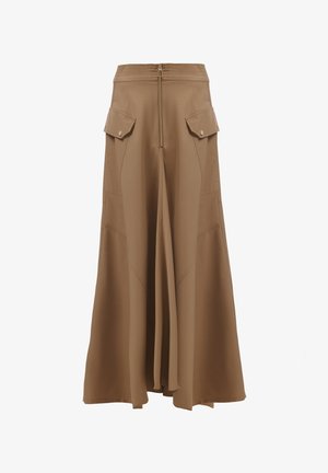 Brauner weiter Rock aus glattem Material, mit einem Reißverschluss vorne, zwei seitlichen Taschen und Nahtdetails für zusätzliche Struktur.