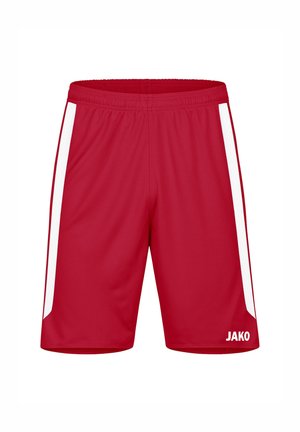 Rote Sportshorts mit elastischem Bund und weißen Mesh-Seiteneinsätzen. Verfügt über ein Logo auf der unteren rechten Seite. Hergestellt aus leichtem Stoff.