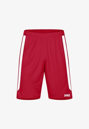 Rote Sportshorts mit elastischem Bund und weißen Mesh-Seiteneinsätzen. Verfügt über ein Logo auf der unteren rechten Seite. Hergestellt aus leichtem Stoff.