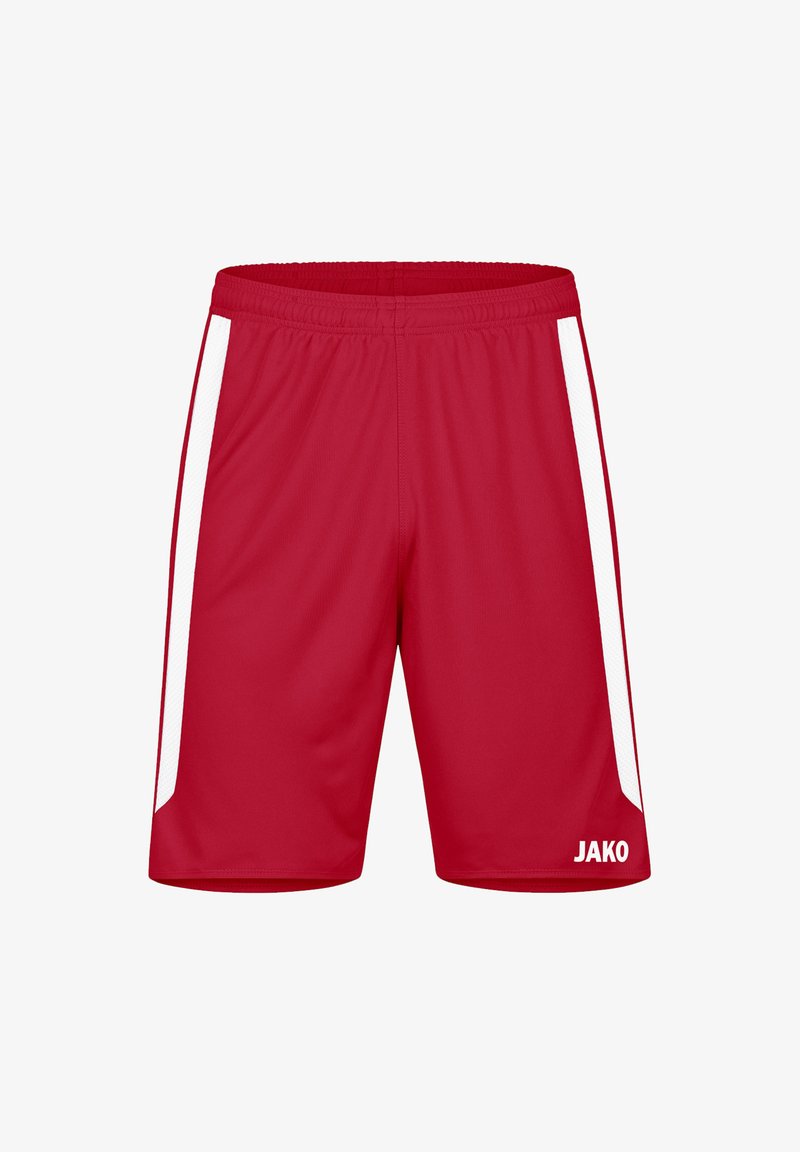 Rote Sportshorts mit elastischem Bund und weißen Mesh-Seiteneinsätzen. Verfügt über ein Logo auf der unteren rechten Seite. Hergestellt aus leichtem Stoff.