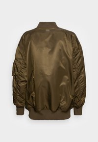 Olive green bomber jacket, shiny fabric, ribbed collar and cuffs, elastic hem, gathered sleeves, single patch pocket on left arm.