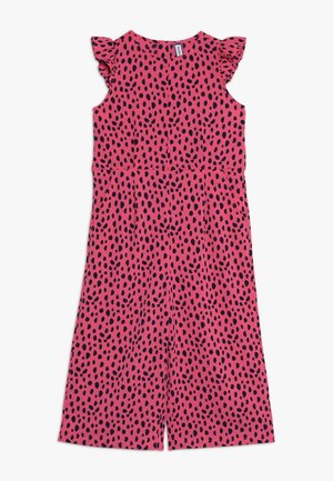 Combinaison rose sans manches avec des taches irrégulières foncées, des détails à volants aux épaules et des jambes larges.