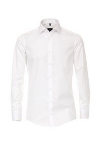Bílé košile s dlouhým rukávem a knoflíkovým zapínáním vyrobené z hladké látky, s klasickým límcem a jemným leskem, se šesti knoflíky vpředu.
