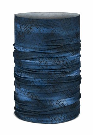 Blue and black patterned tubular neck gaiter made of stretchy fabric with faint abstract markings and a small circular logo.