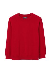 Roter Pullover aus Strickstoff mit rundem Halsausschnitt, langen Ärmeln und geripptem Saum und Bündchen. Einfaches Design ohne Muster.